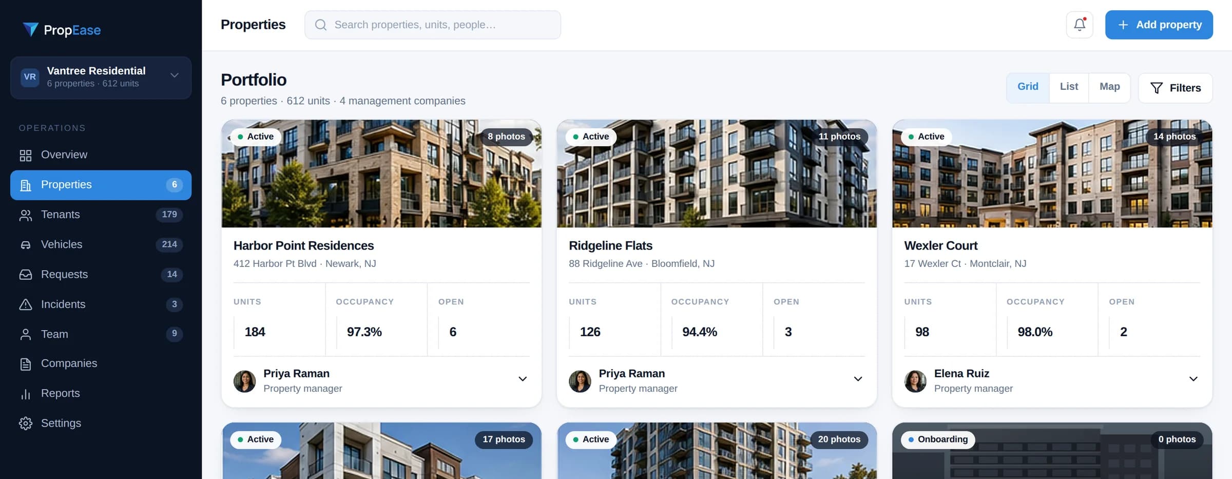 PropEase portfolio: each property with its units, occupancy, open requests and the manager responsible for it.