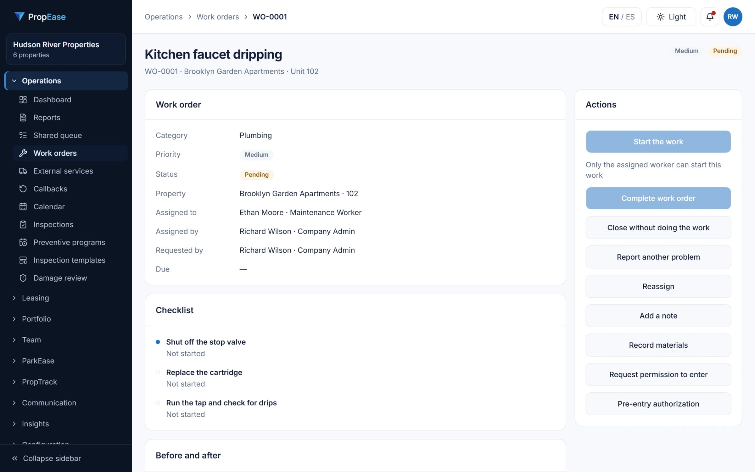 A maintenance work order in PropEase with its priority, assignee and progress