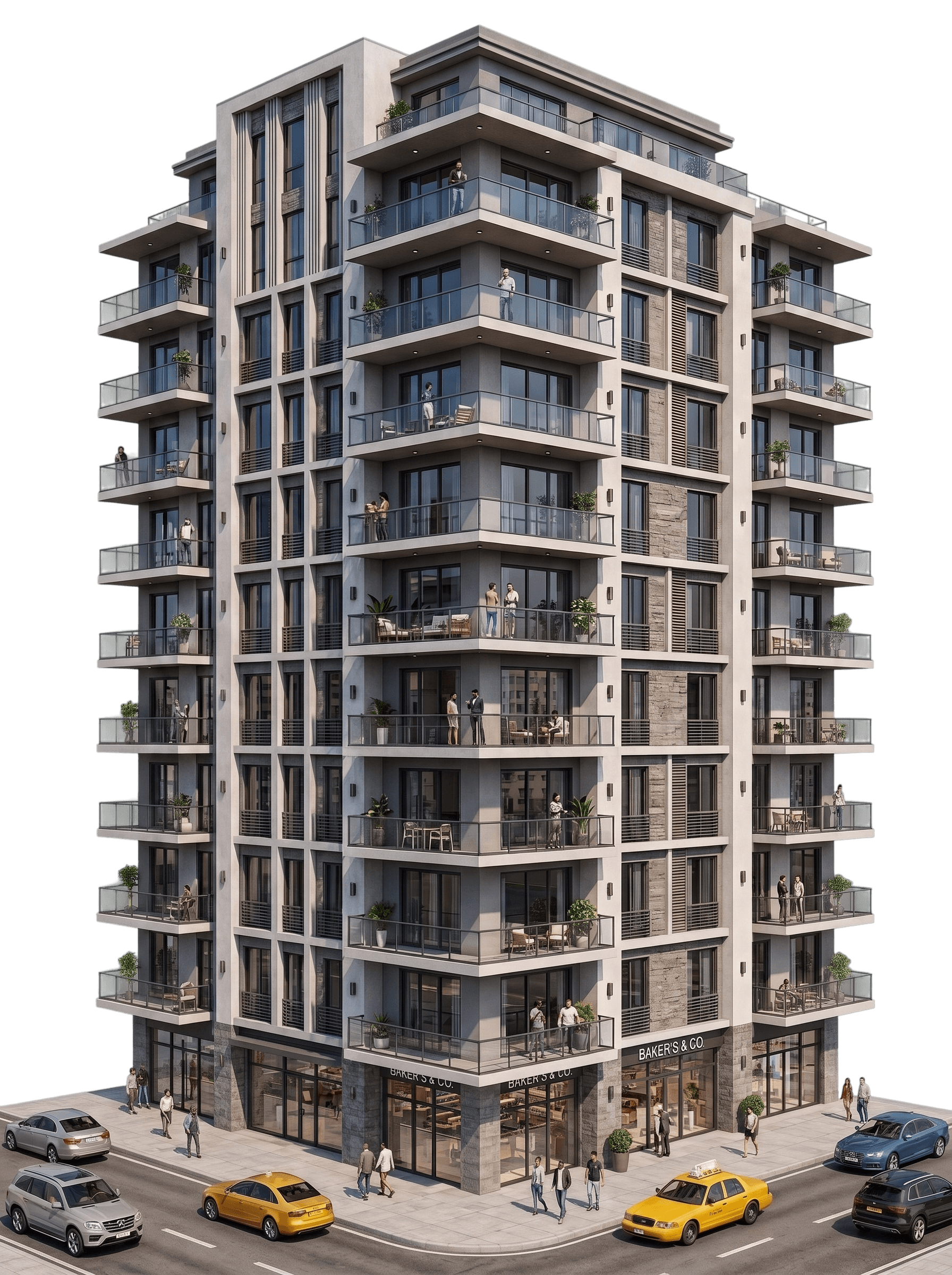 Modern multifamily property with balconies, residents, storefronts, pedestrians and vehicles.