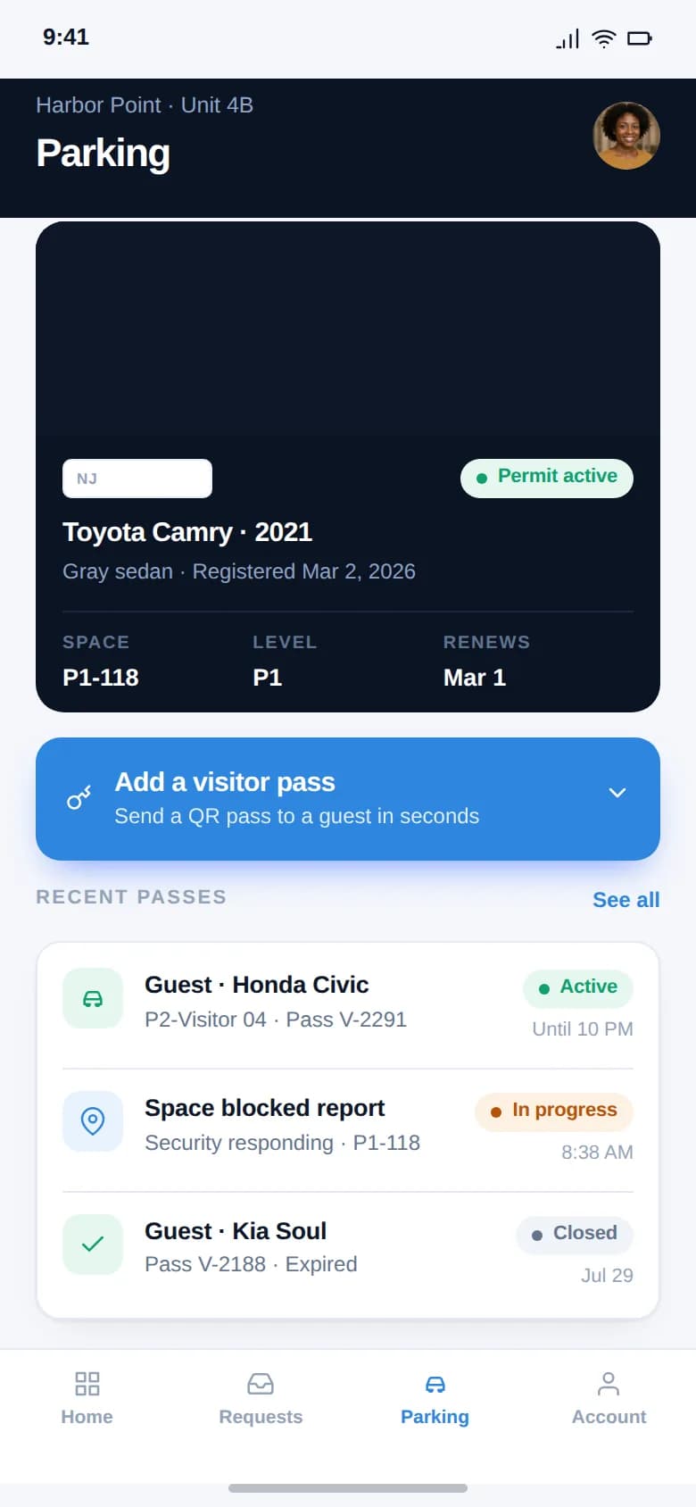 Mobile parking pass showing the vehicle, the assigned bay and the validity window.