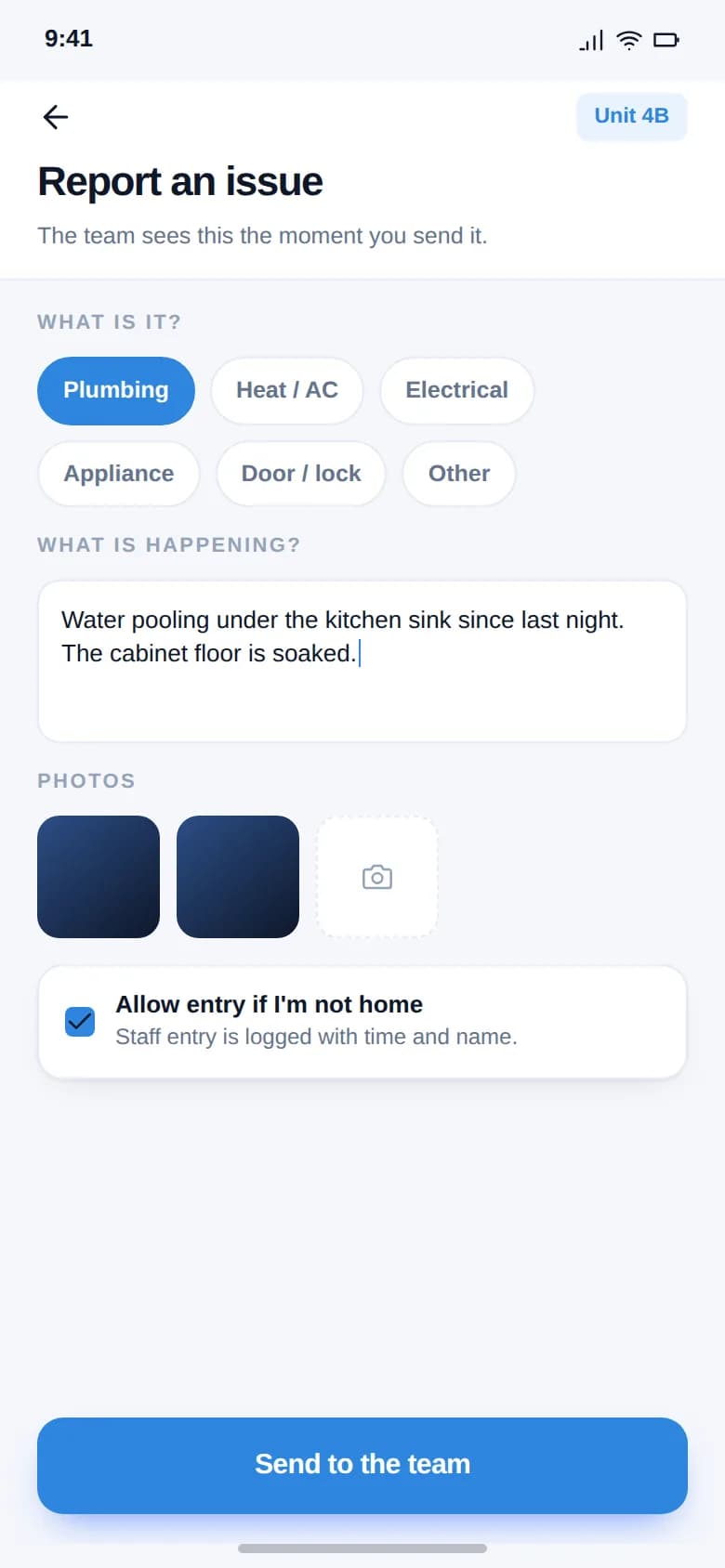 Mobile form to report an issue, with category, location inside the unit and photo evidence.