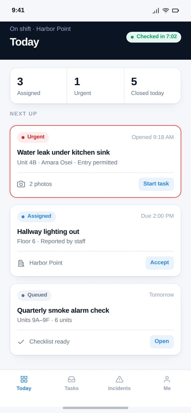 Mobile view of a team member's day, with the tasks assigned to them and where each one is.