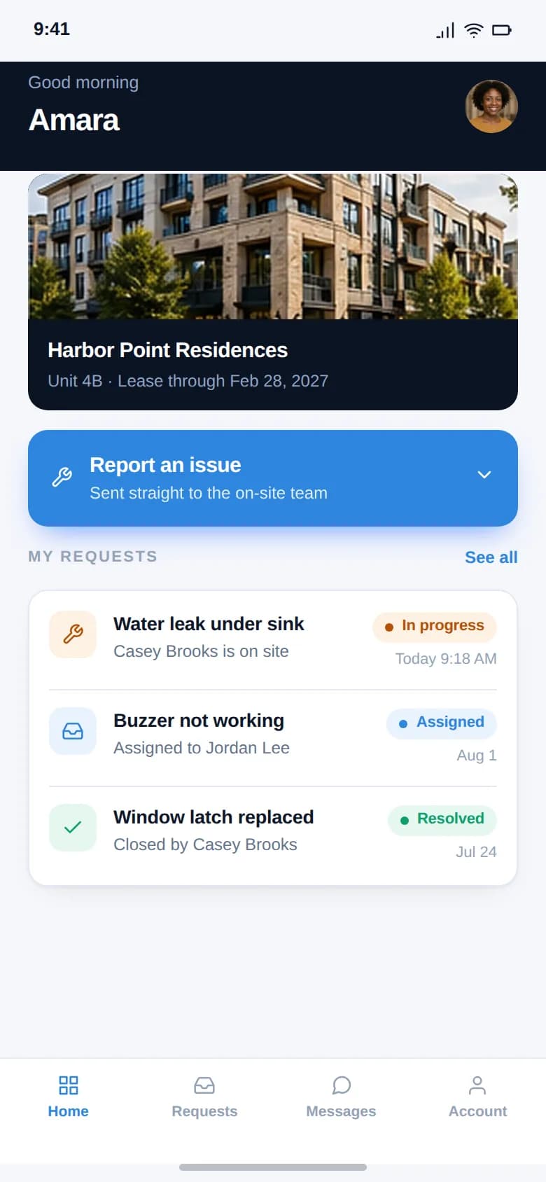 Tenant mobile home showing the unit, the report-an-issue action and the status of each request already filed.