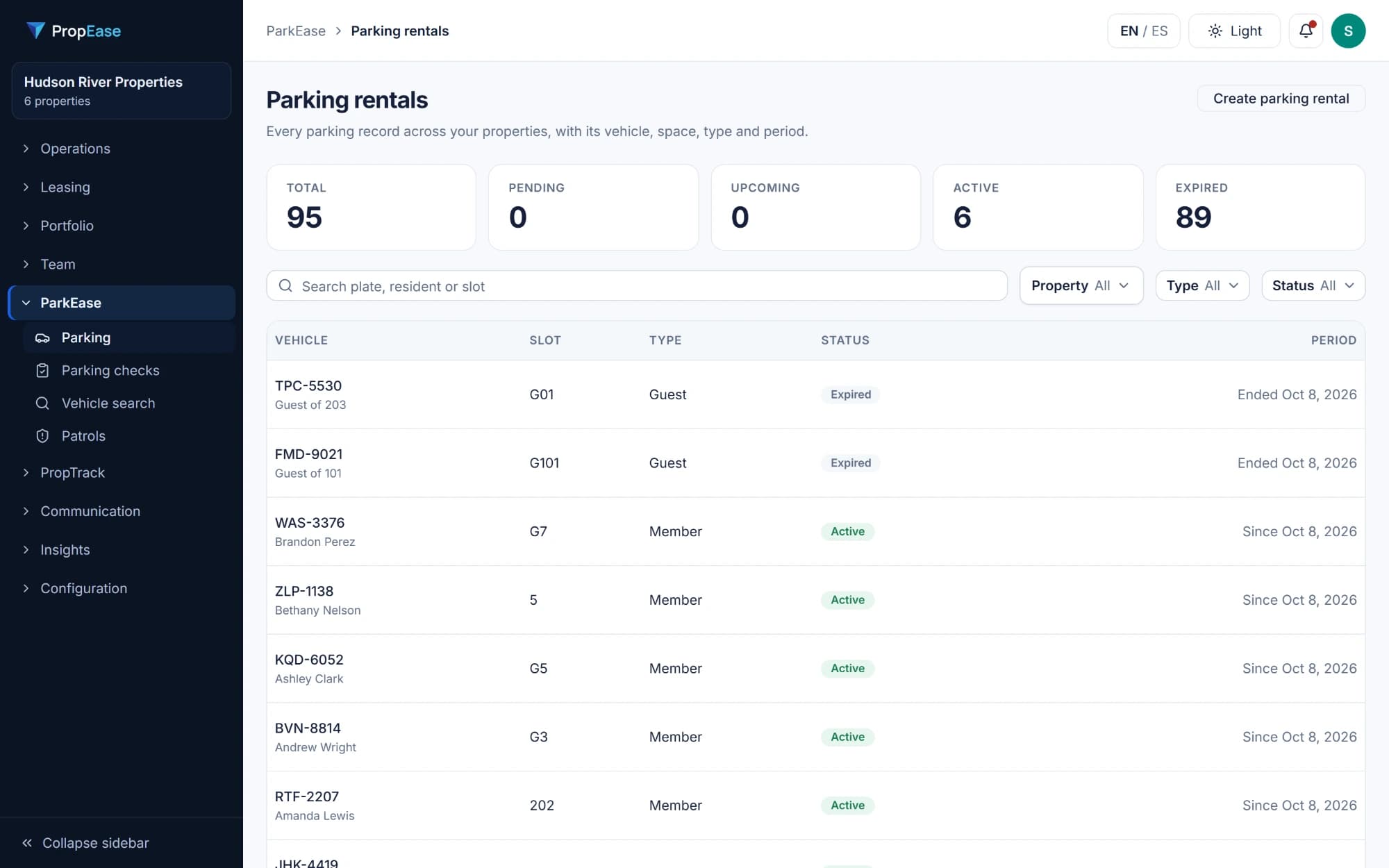 PropEase parking view: registered vehicles, spaces and visitor passes